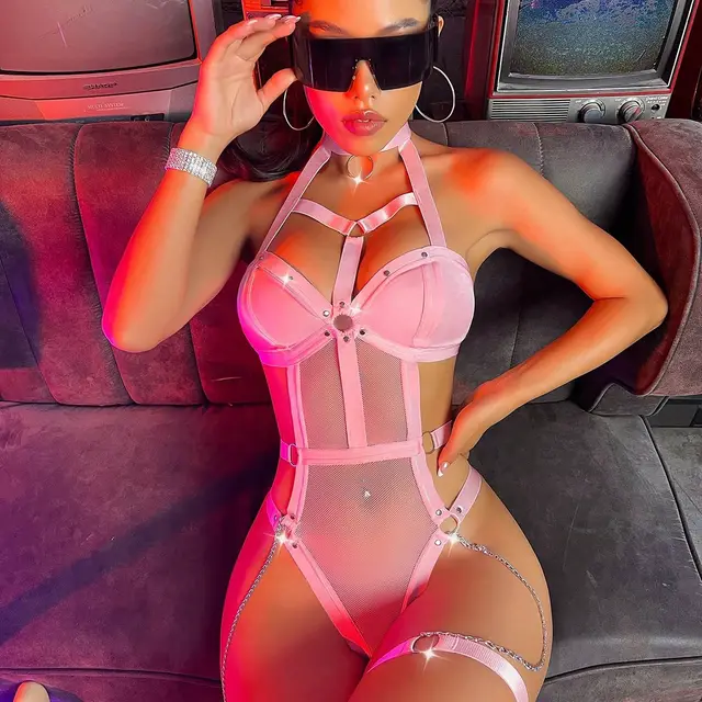Black Mesh Metal Chain With Shaping Jumpsuit Pink - Shop at LoveMi