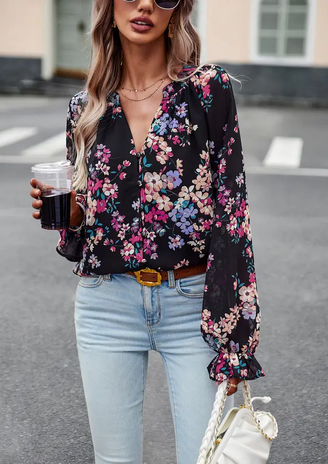 Women's Tops Casual Floral Print V Neck Long Sleeve Shirts Loose Chiffon Blouses Shirts Tops - Black