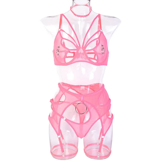 Metal Accessories With Halter Leg Ring Lingerie 6 piece Set Fluorescent Powder - Shop at LoveMi