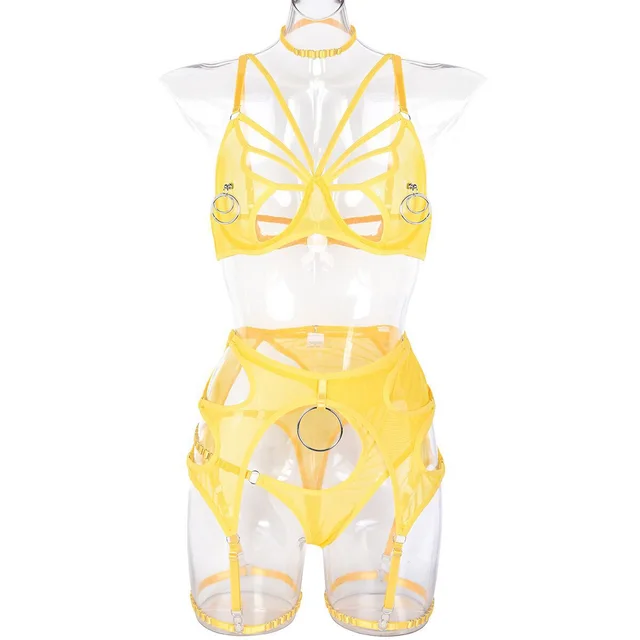 Metal Accessories With Halter Leg Ring Lingerie 6 piece Set Yellow - Shop at LoveMi