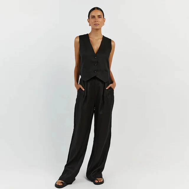 Women's Fashion Casual Cotton And Linen Sleeveless Vest Waistcoat Trousers Two piece Set Black - Shop at LoveMi