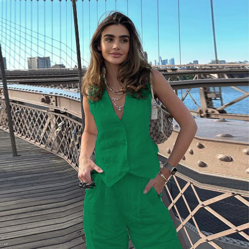Women's Fashion Casual Cotton And Linen Sleeveless Vest Waistcoat Trousers Two-piece Set - Green