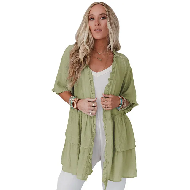 Pure Color Ruffles Cardigan Women's Summer Casual Top Grass Green - Shop at LoveMi