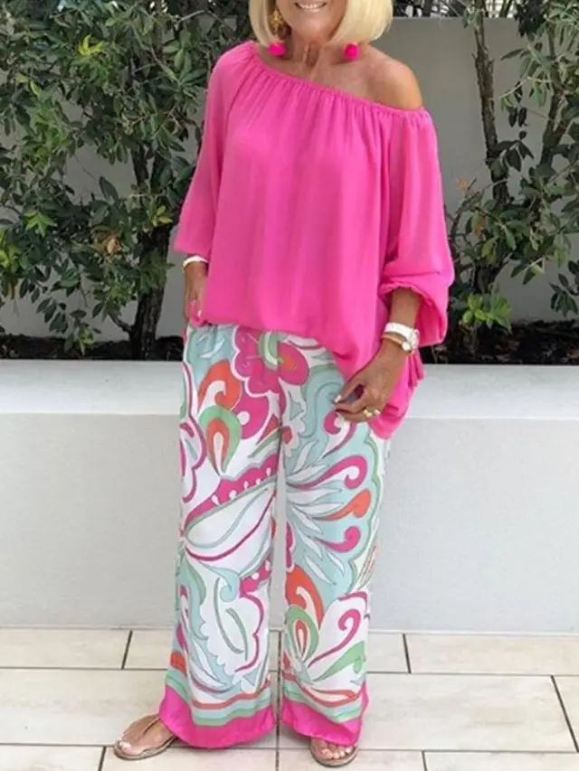 Women's Clothing Printed Pants Off shoulder Top Casual Suit Pink - Shop at LoveMi