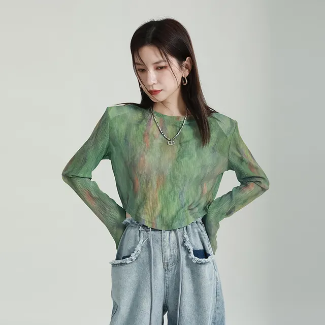 Women's Fashion Gradient Printing Blooming Stitching Irregular Crew Neck Mesh Bottoming Shirt Green - Shop at LoveMi