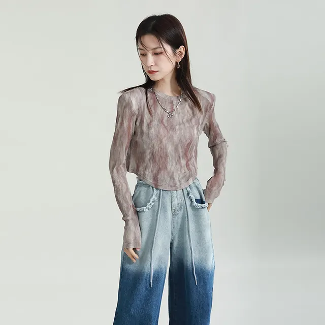 Women's Fashion Gradient Printing Blooming Stitching Irregular Crew Neck Mesh Bottoming Shirt Khaki - Shop at LoveMi