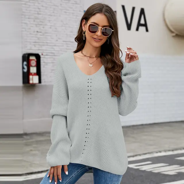 Long Sleeve Sweater With Pocket Solid Color V neck Pullover Knitwear Women Tops Grey - Shop at LoveMi