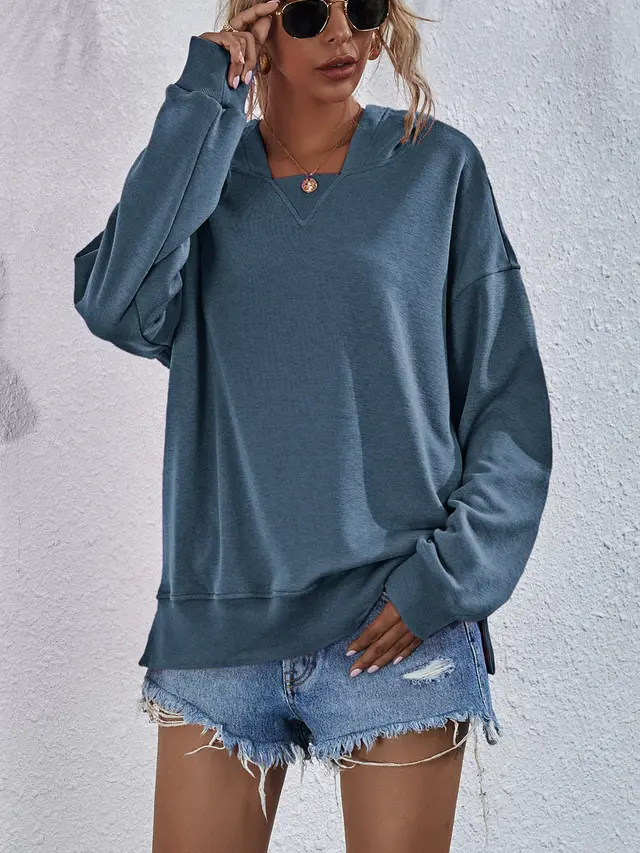 Women's Hoodie Sweatshirt Sports Casual Candy Color Long Sleeve Tops Clothes Steel Blue - Shop at LoveMi