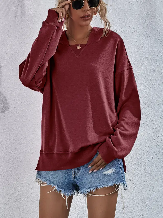 Women's Hoodie Sweatshirt Sports Casual Candy Color Long Sleeve Tops Clothes Wine Red - Shop at LoveMi