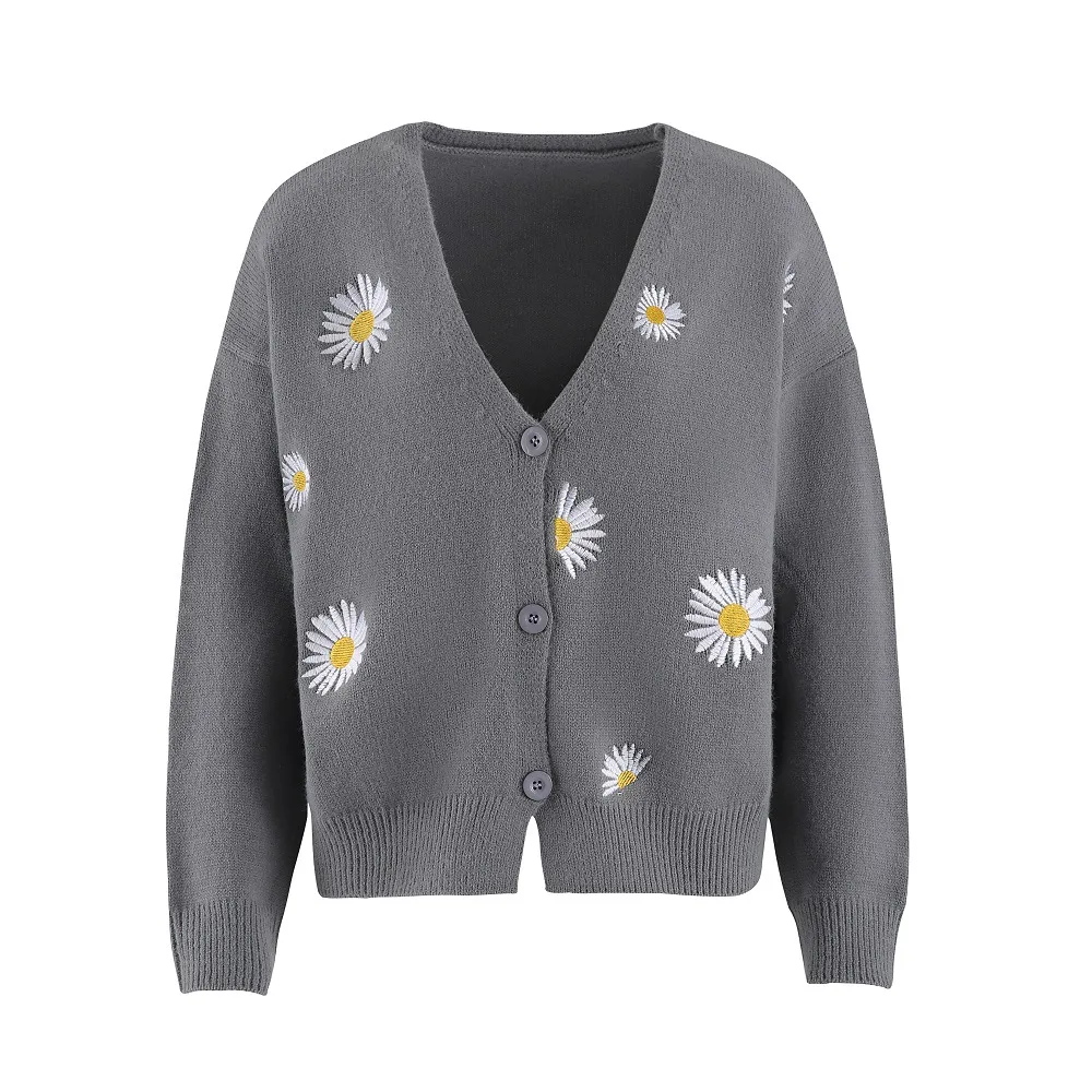 Women's Single Breasted Sweater Chrysanthemum Embroidered Cardigans Coat Clothes Grey - Shop at LoveMi