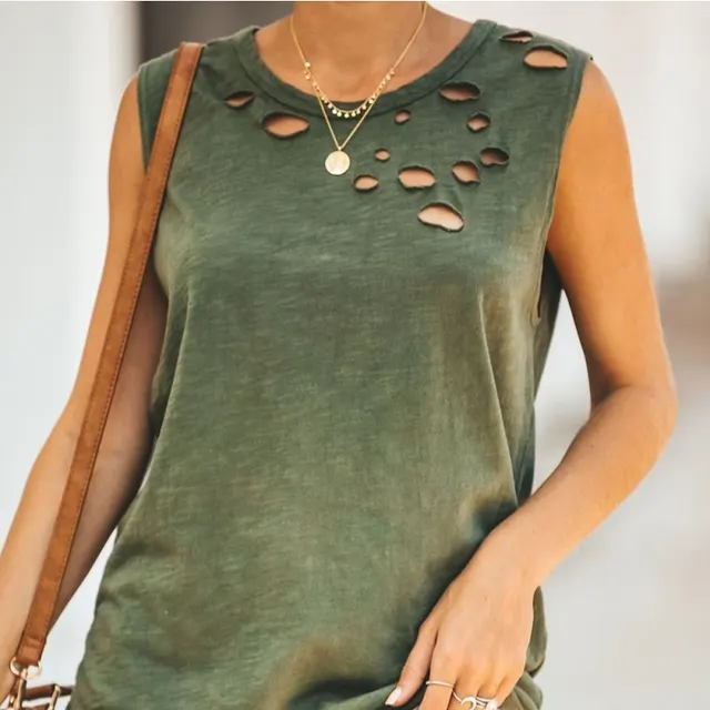 Hollow T shirt Top Women's Casual Sleeveless Vest Green - Shop at LoveMi