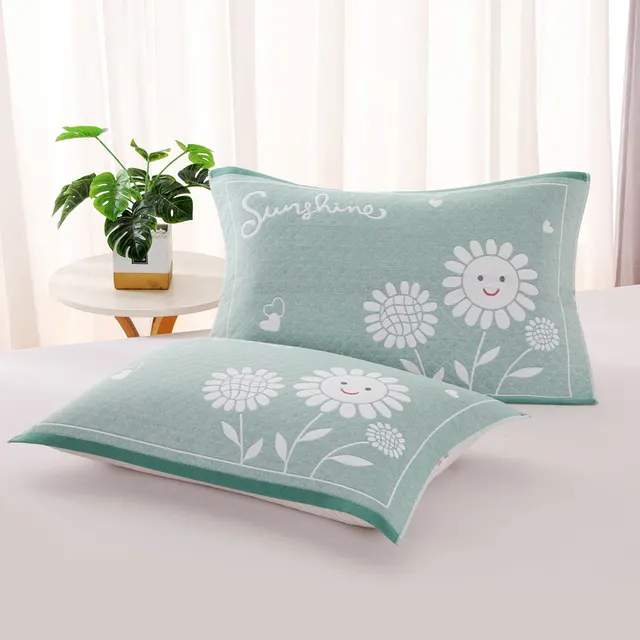Three layer Blended Gauze Pillow Cover Cotton Printed Towel Sunflower Green - Shop at LoveMi
