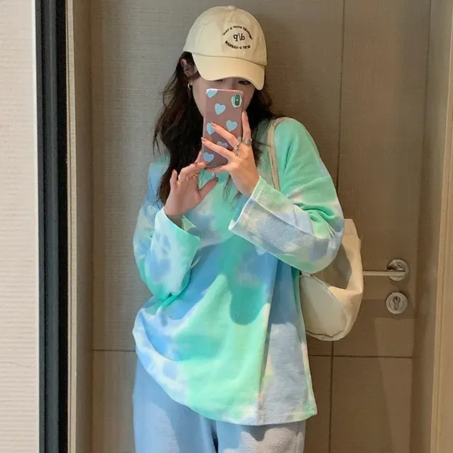 Personalized Tie dyed Printed Letter Labeling Long sleeved T shirt Sweater Green - Shop at LoveMi