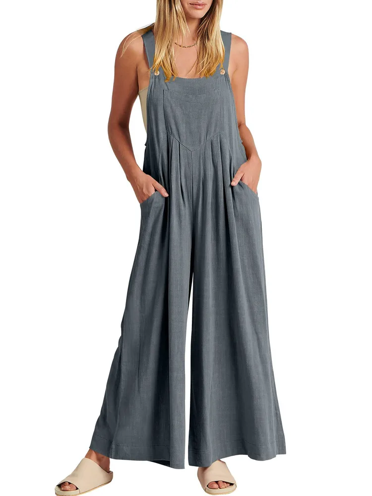 Women's Solid Color Loose Casual Cotton And Linen Suspender Jumpsuit Dark Gray - Shop at LoveMi
