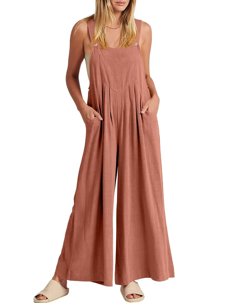 Women's Solid Color Loose Casual Cotton And Linen Suspender Jumpsuit Watermelon Red - Shop at LoveMi
