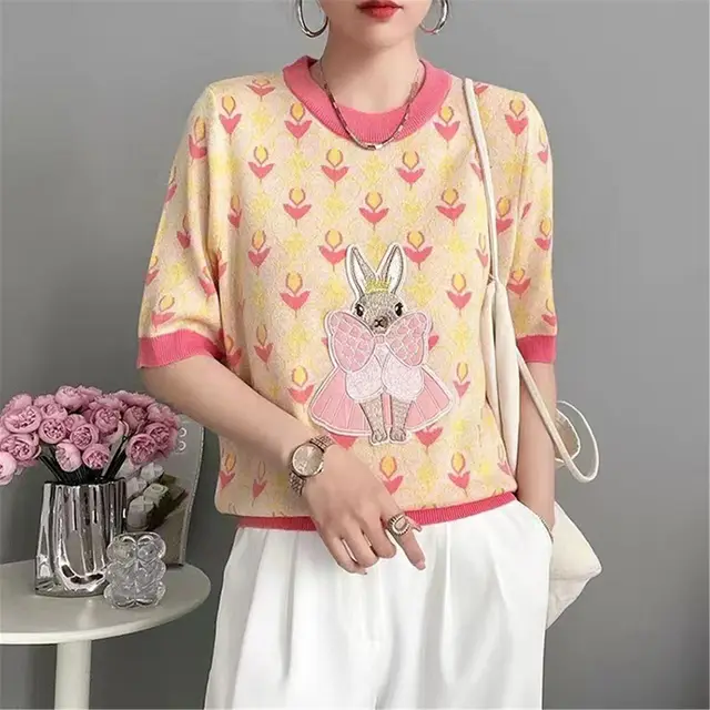Ice Silk Embroidered Women's Cartoon Rabbit Age reducing Soft And Adorable Short Sleeve Pink - Shop at LoveMi