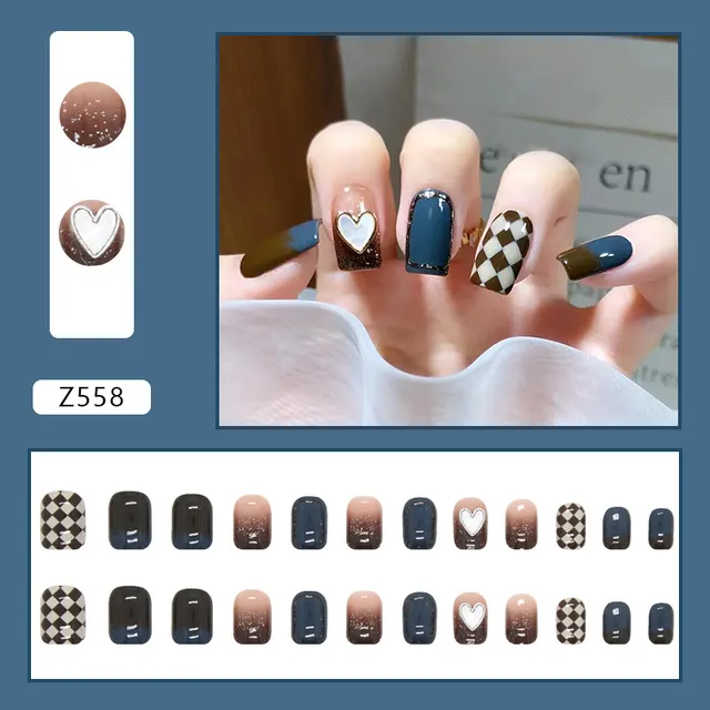 Gray Blue Plaid Fritillary Love Nail Beauty White Delicate Wear Z558 Retro Gray And Blue Glue - Shop at LoveMi