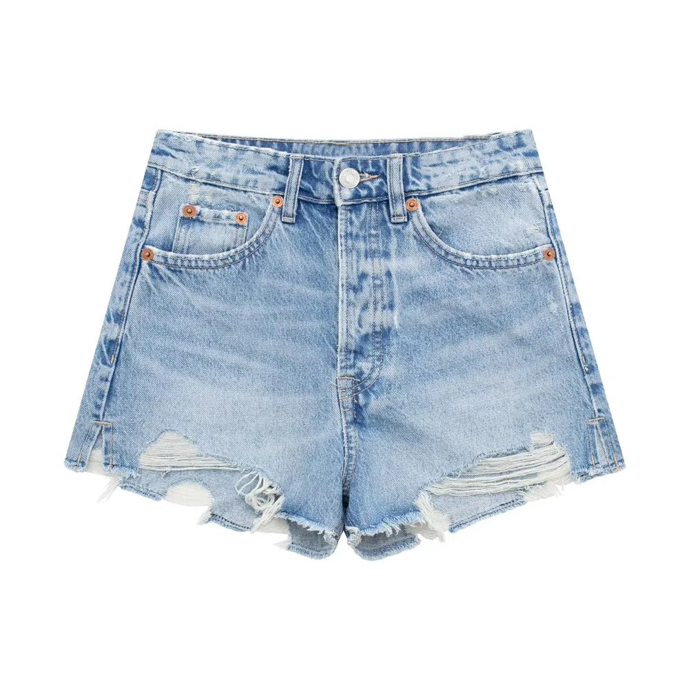 Women's American Retro Fashion Slimming High Waist Denim Shorts - Light Blue