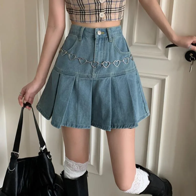 High Waist Hip wrapped Skirt Pleated Denim Skirt Blue - Shop at LoveMi