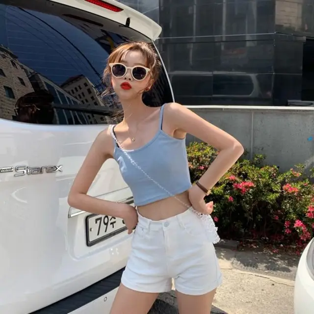Slim fit Camisole Vest Women's Outer Wear Short Top Light Blue - Shop at LoveMi