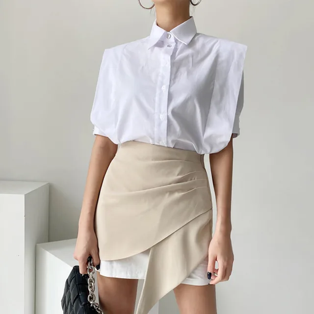 Single breasted Loose Short Sleeve Shirt High Waist Irregular Sheath Skirt White Shirt - Shop at LoveMi