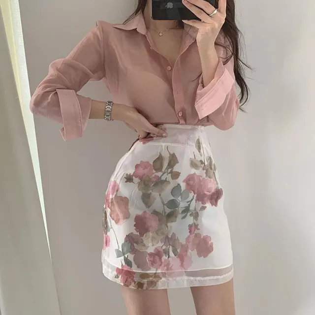 Sun Protection Shirt High Waist Color Printing Chiffon Skirt White Skirt - Shop at LoveMi