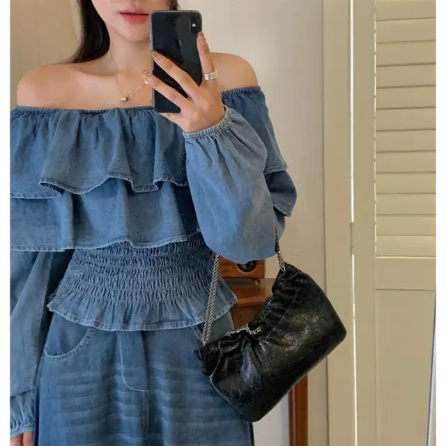 Retro Off shoulder Waist controlled Top Large Swing Denim Skirt Top - Shop at LoveMi