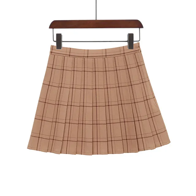 Plaid Pleated High Waist Skirt A Line Skirt Caramel Plaid - Shop at LoveMi
