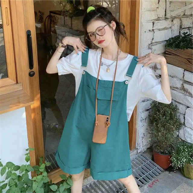 Suspender Shorts Women's Flanging Solid Color Cropped Pants Green Suspender Pants - Shop at LoveMi