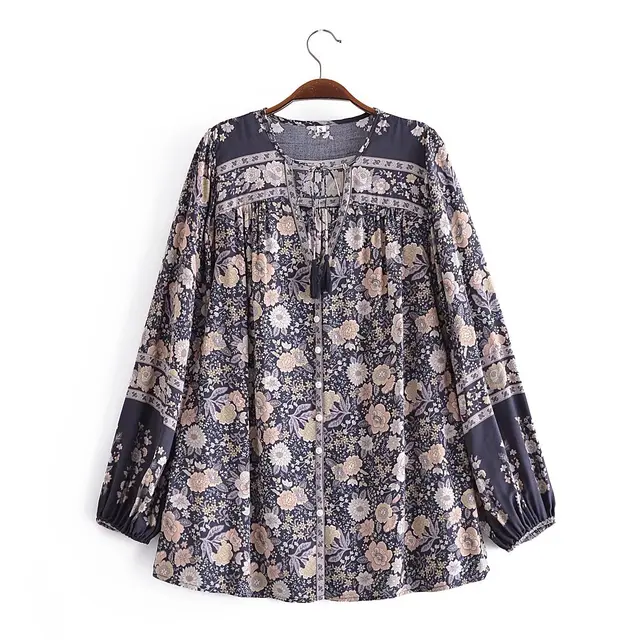 Vintage Rayon Washed Positioning Printing Tassel Shirt Row Long Sleeve Shirt Blue - Shop at LoveMi