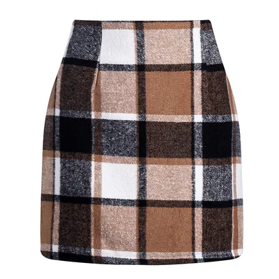 High waisted Plaid Skirt Tight Pencil Wool Mini Skirt Brown - Shop at LoveMi
