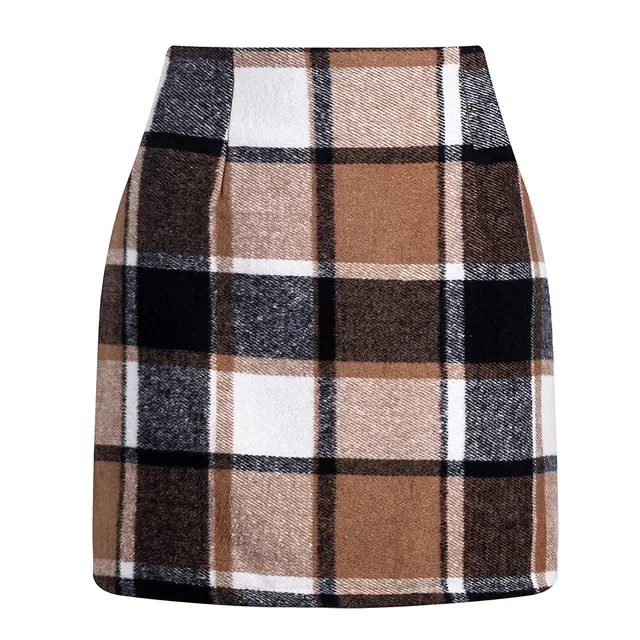 High waisted Plaid Skirt Tight Pencil Wool Mini Skirt Brown - Shop at LoveMi