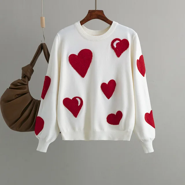 Women's Graceful And Fashionable Love Flocking Pullover Soft Glutinous Sweater Top White - Shop at LoveMi