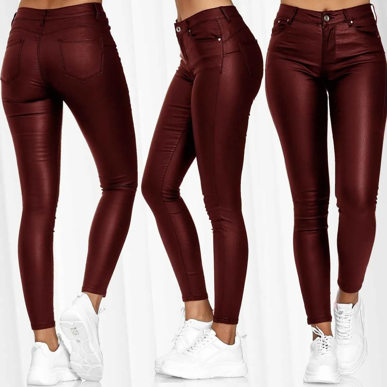 Solid Color Leather Casual Pants Skinny Pants - Wine Red