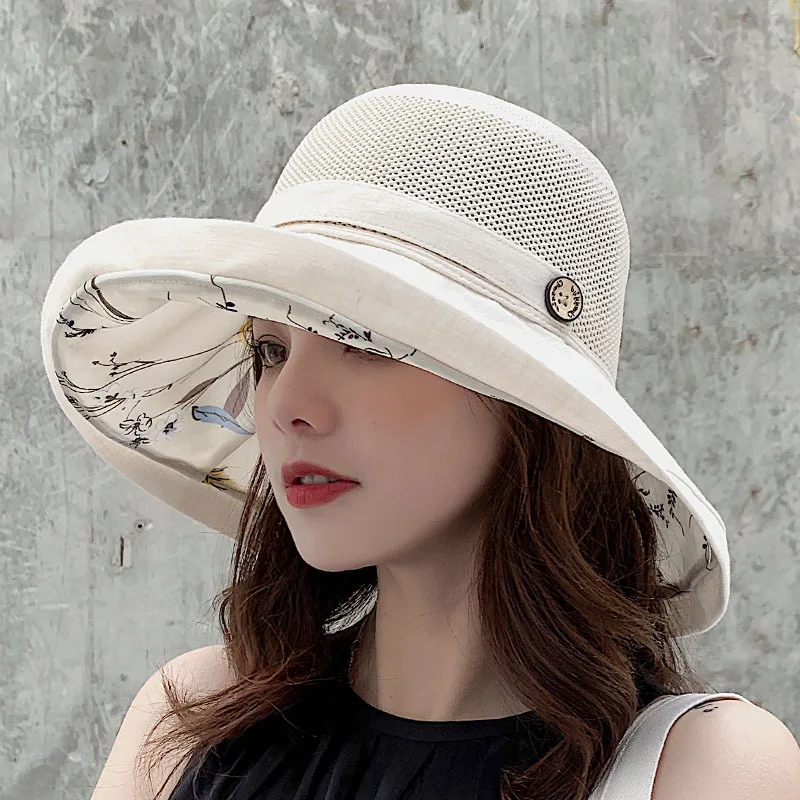 Summer Bucket Hat Women's UV Protection Big Brim Sun Hat - Printed Beige