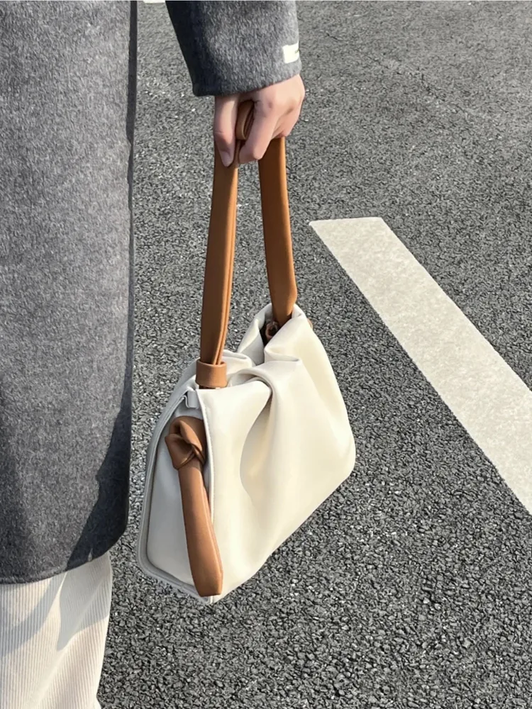 Women's Fashion Color Contrast Shoulder Messenger Cloud Bag Beige - Shop at LoveMi