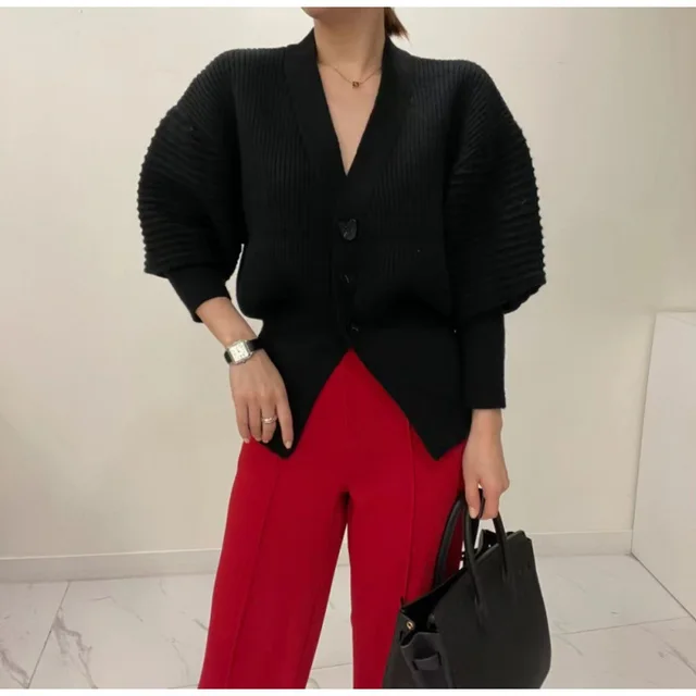 V neck Loose And Idle Single breasted Puff Sleeve Cardigan Sweater Coat For Women Black - Shop at LoveMi