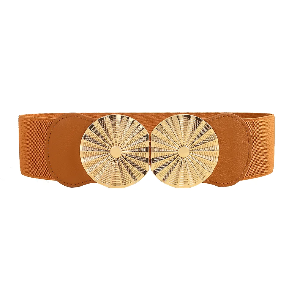 Stylish Women's Wide Belt Elastic Elastic Metal Circle With Jacket Shirt skirt Waist Seal Brown - Shop at LoveMi
