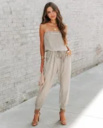 European And American Ladies Bandeau Distressed Lace-up Jumpsuit - Gray