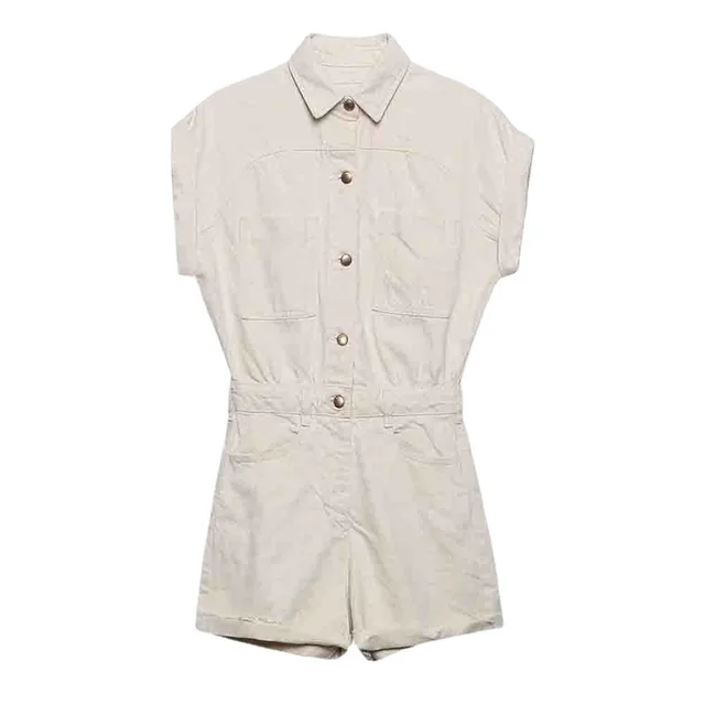 Summer Commute Women's Short Denim Jumpsuit Beige - Shop at LoveMi