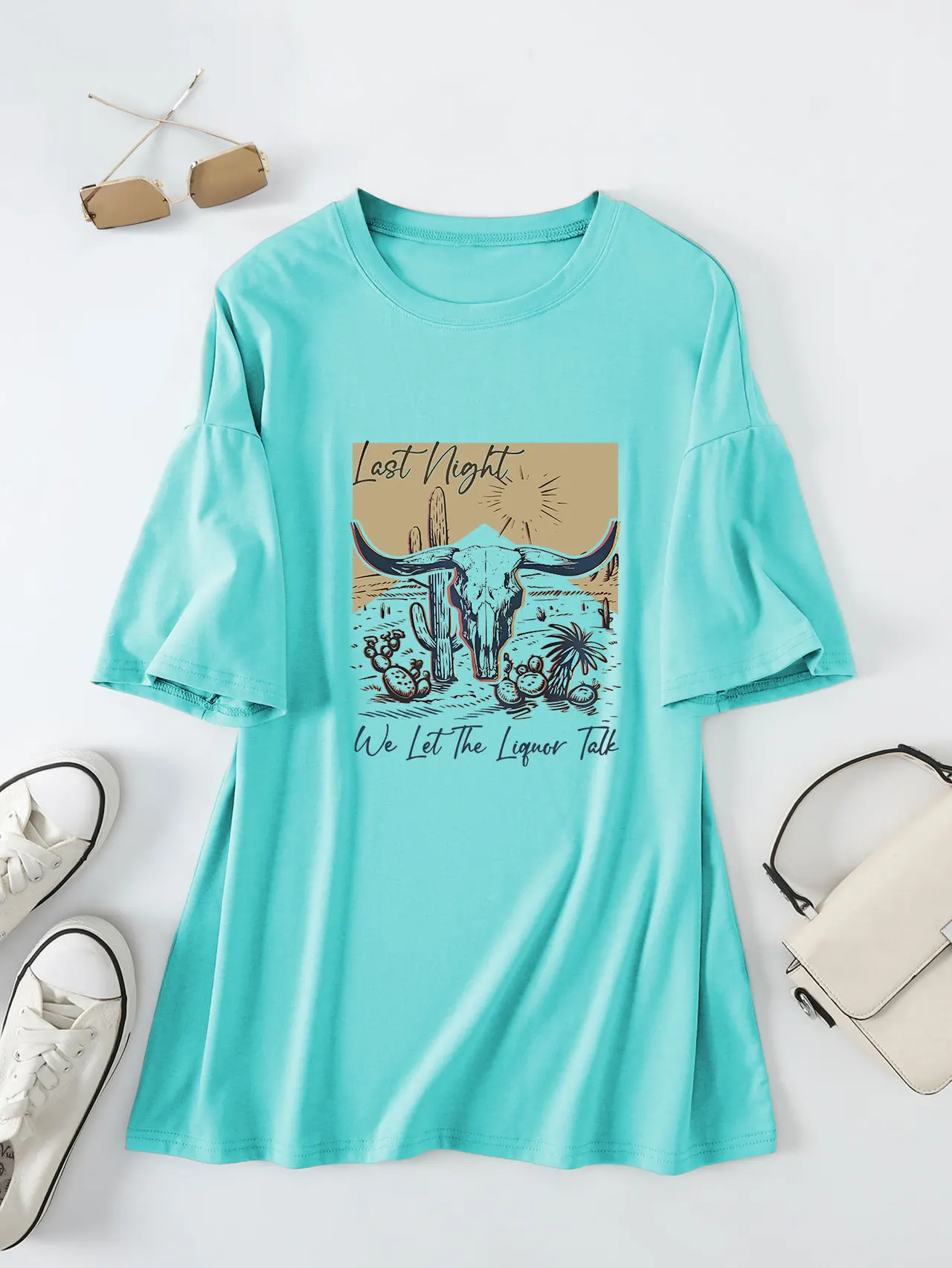 Casual Women's Round Neck Loose Short Sleeves - Deep Water Blue