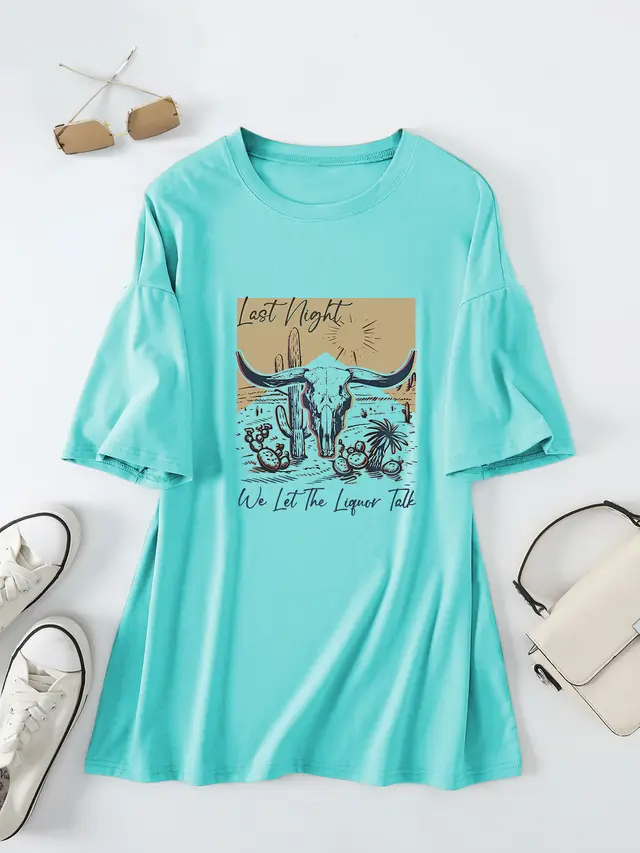 Casual Women's Round Neck Loose Short Sleeves Deep Water Blue - Shop at LoveMi