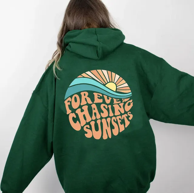 Fleece lined Sunset Print Kangaroo Pocket Drawstring Hoodie Dark Green - Shop at LoveMi