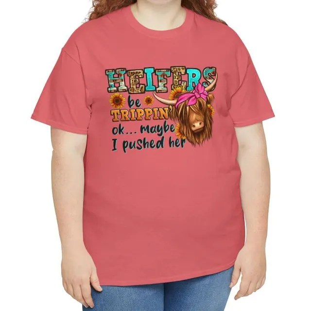 European And American Heifers Be Trippin' Classic Unisex Printed Casual Round Neck Short Sleeves T shirt Coral Color - Shop at LoveMi