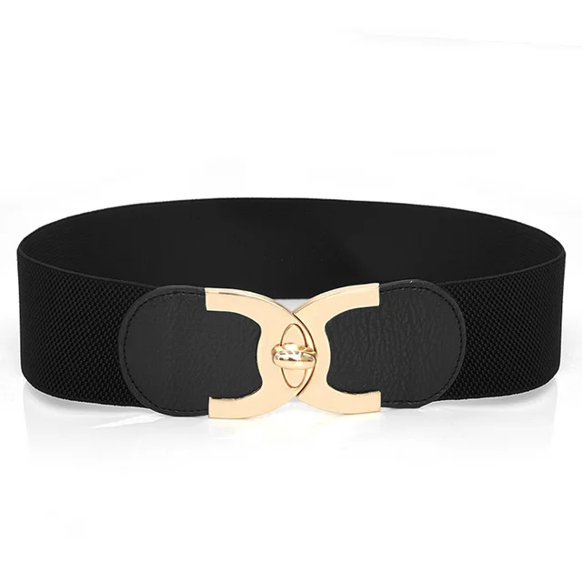 Fastener Decoration Wide Belt Women's Elastic Waistband Black - Shop at LoveMi