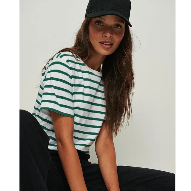 New Versatile Simple Loose Cotton Crew Neck Striped T shirt Short Sleeve Green - Shop at LoveMi