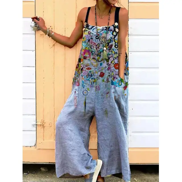 Women's Fashionable Simple Casual Printed Jumpsuit Denim Blue - Shop at LoveMi