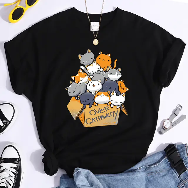 European And American Cartoon Digital Printing Casual Round Neck Short Sleeves Black - Shop at LoveMi