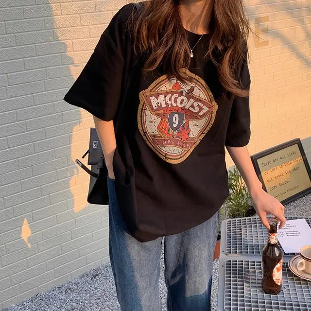 New Korean Style Round Neck Short Sleeve T shirt Loose Printed Letters Black - Shop at LoveMi
