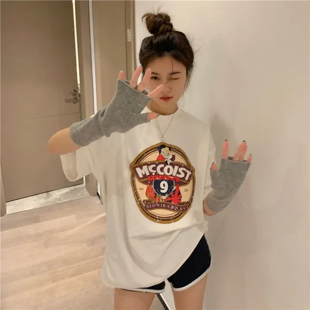 New Korean Style Round Neck Short Sleeve T shirt Loose Printed Letters White - Shop at LoveMi